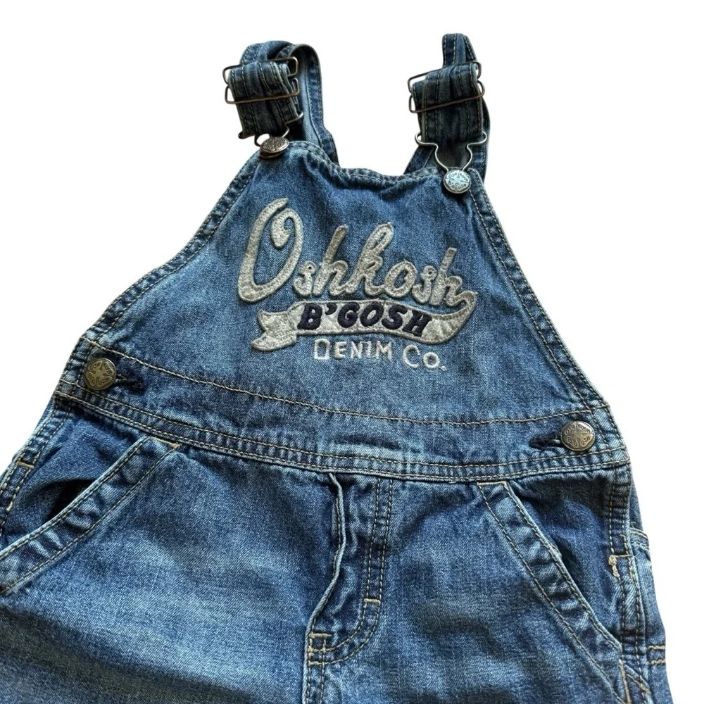 Y2K Oshkosh Blue Denim Jean Overall Logo Toddler Boy Girl 2T